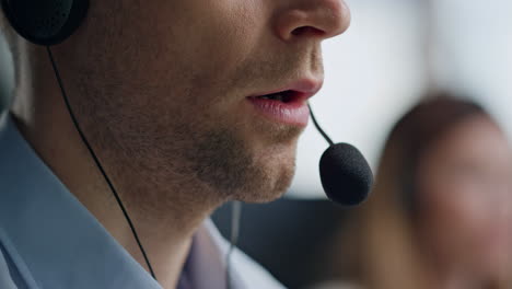 operator mouth talking microphone closeup. call center manager helping customer