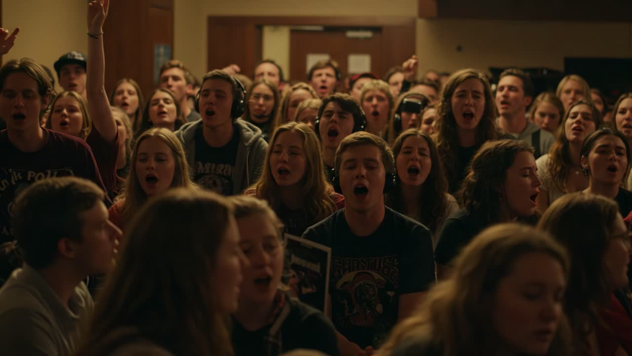 A Gathering of Passionate Voices: A Moment of Unity and Expression Amidst Enthusiastic Youth in a Collective Experience