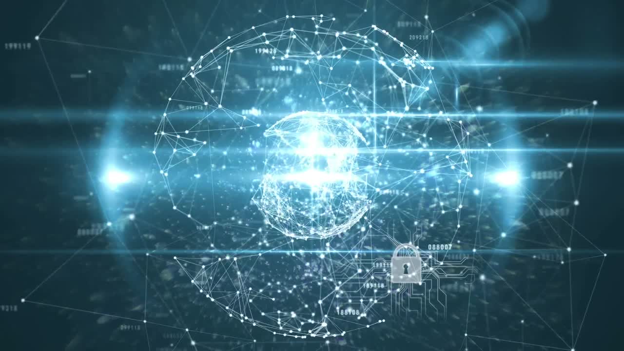 Animation of globe with network of connections and online security padlock