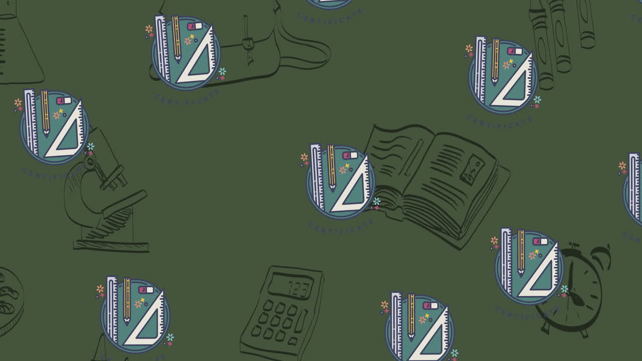 Animation of repeated geometry sets moving over green with school equipment drawn in black