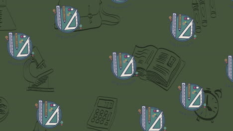 animación de conjuntos de geometría repetidos que se mueven sobre el verde con equipos escolares dibujados en negro
