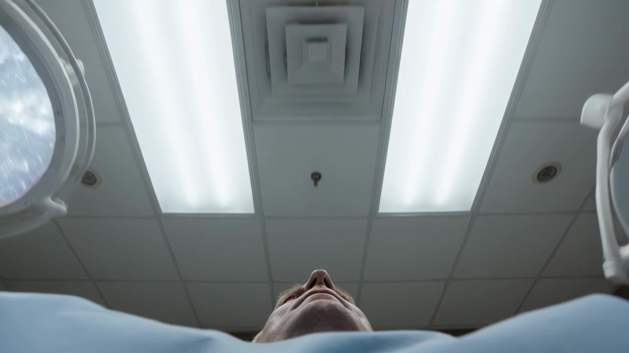 Personale mascherato e con cuffia che entra, chinato sul paziente in sala operatoria, mentre regola la lampada chirurgica preparando l'intervento.