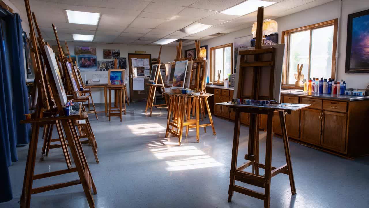 Et lyst og indbydende atelier med maleristativer og naturligt lys byder kunstnere velkommen til at skabe mesterværker i et kreativt område.