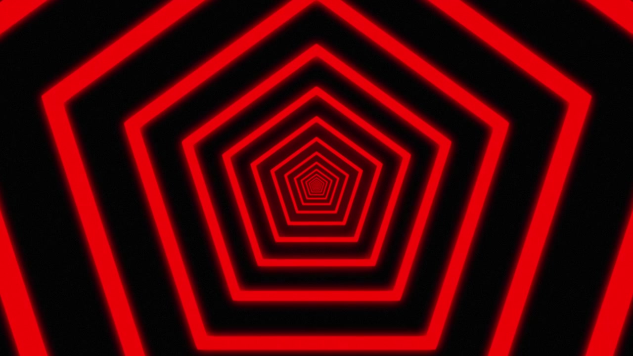 Abstrakt tunnel af glødende røde pentagoner, der bevæger sig fremad.