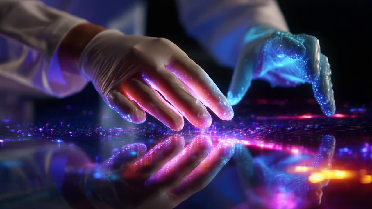 A scientist in a laboratory setting interacts with a glowing holographic interface, showcasing vibrant colors and reflective surfaces as they explore advanced technology and digital displays in an innovative manner