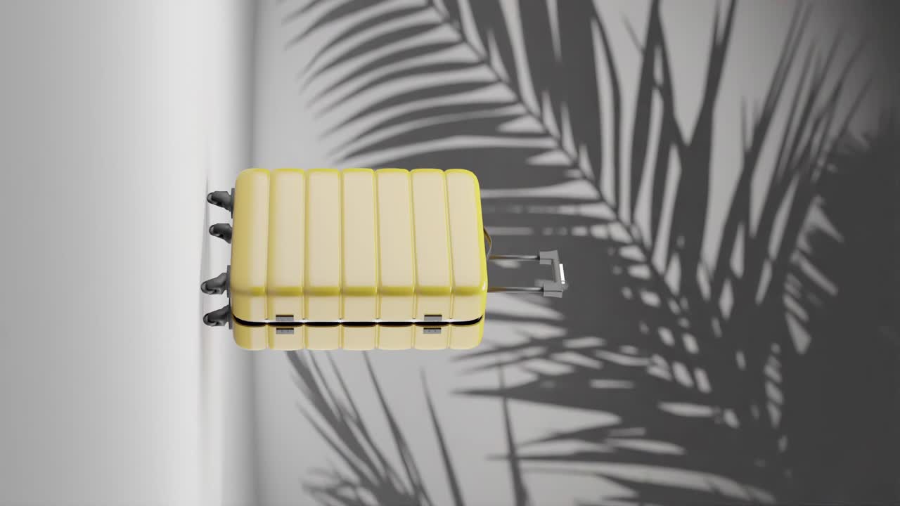 animazione verticale 3d di una valigia di bagagli con foglia di palma a sfondo bianco in ombra concezione di agenzia di viaggi per la stagione delle vacanze