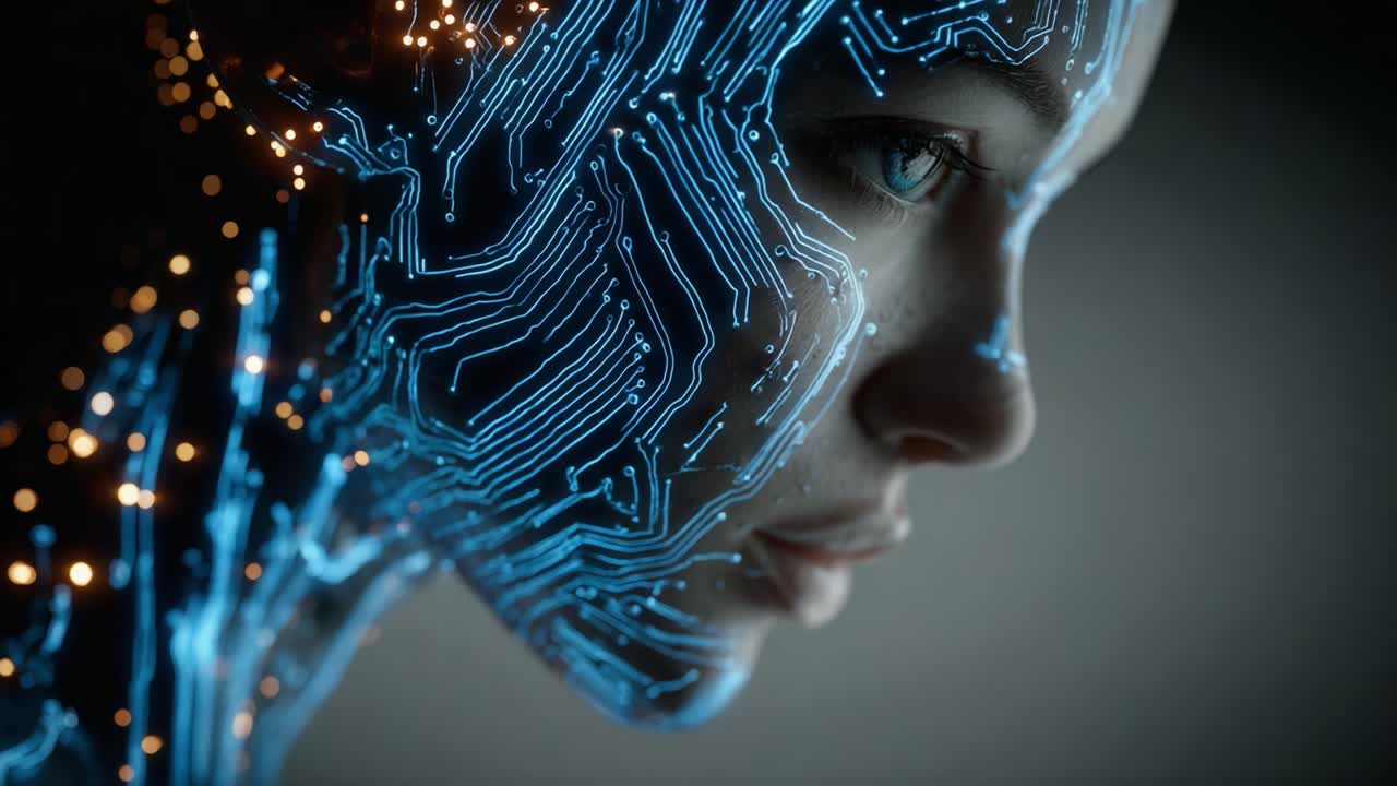 A Futuristic Transformation: Portraying the Fusion of Humanity and Technology Through an Intricate Network of Bioluminescent Circuits on a Human Face