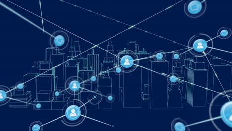 animation of icon connected with lines over 3d model of city against blue background