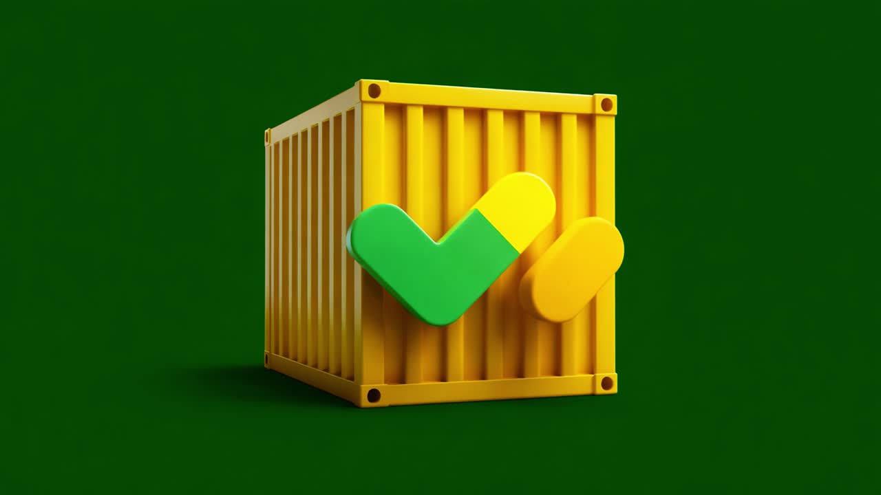 A Vibrant Yellow Shipping Container with Colorful Check Marks Illustrating Success and Solutions, Set Against a Rich Green Background, Evoking Themes of Efficiency and Progress