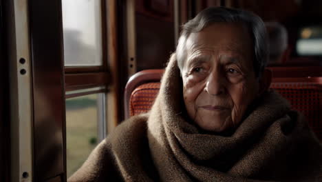 an elderly person wrapped in a blanket, looking out a window on a journey