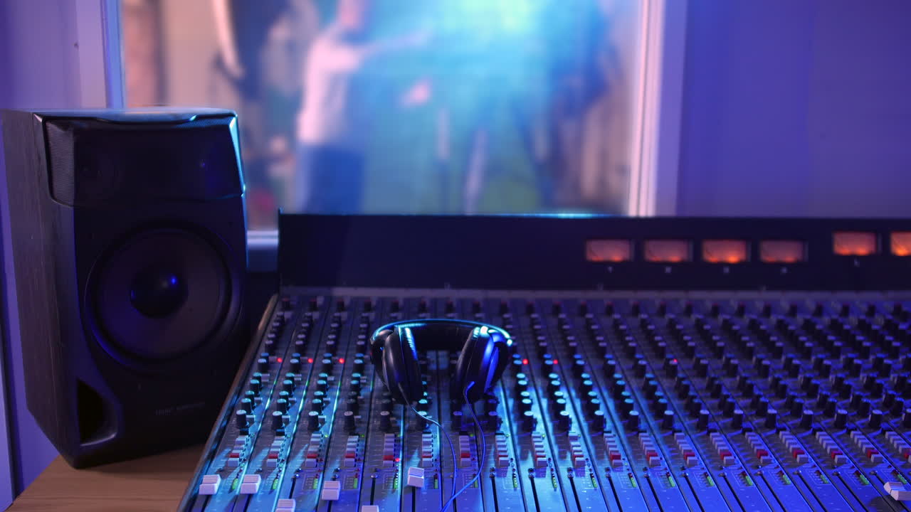 A sound engineer musician is setting up the recording studio to record music. The man is connecting cables in the live room with the mixing desk shown in the control room