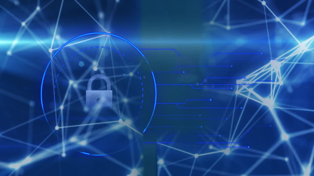 Animation of padlock in circle with illuminated connected dots and lines on abstract background