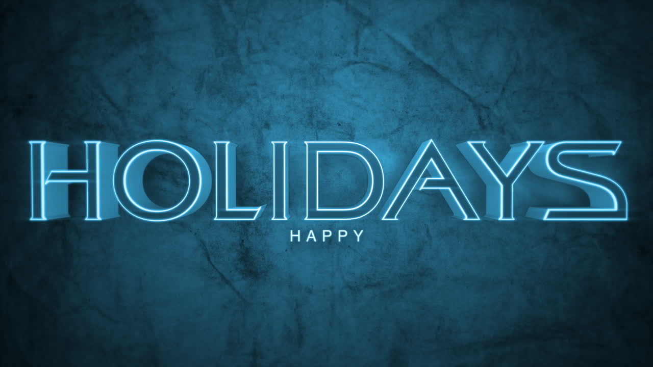 Neon blue Happy Holidays shines on dark concrete