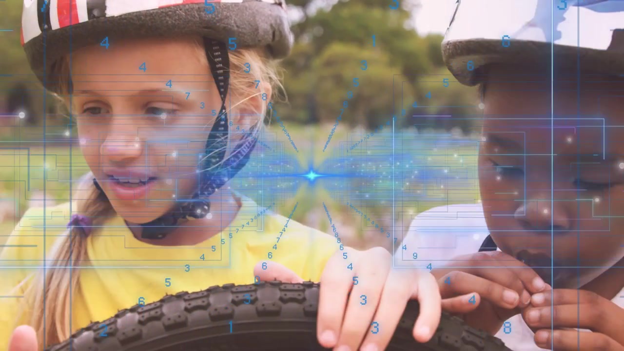 HUD-scanning igangsætter, to børn inspicerer cykeldæk, rører ved dækmønsteret og finder snavs at fjerne.
