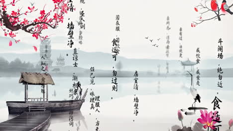 Mysterious-landscape-China's-traditional-Oriental-Digital-Art-animation,-Chinese-retro-painting-ink-misty-mountain-with-flowers,-tree,-birds,-river-in-fog-background