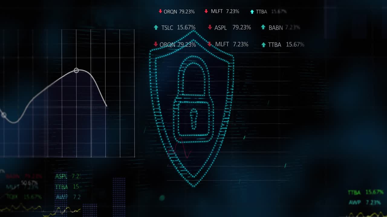 Security padlock icon against financial and stock market data processing against blue background