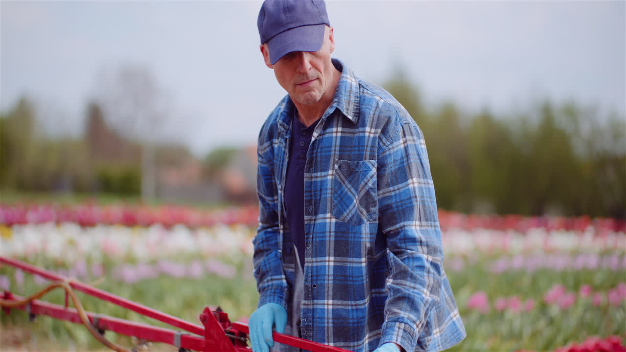 Farmer Adjusting Sprayer Equipment in a Colorful Tulip Field