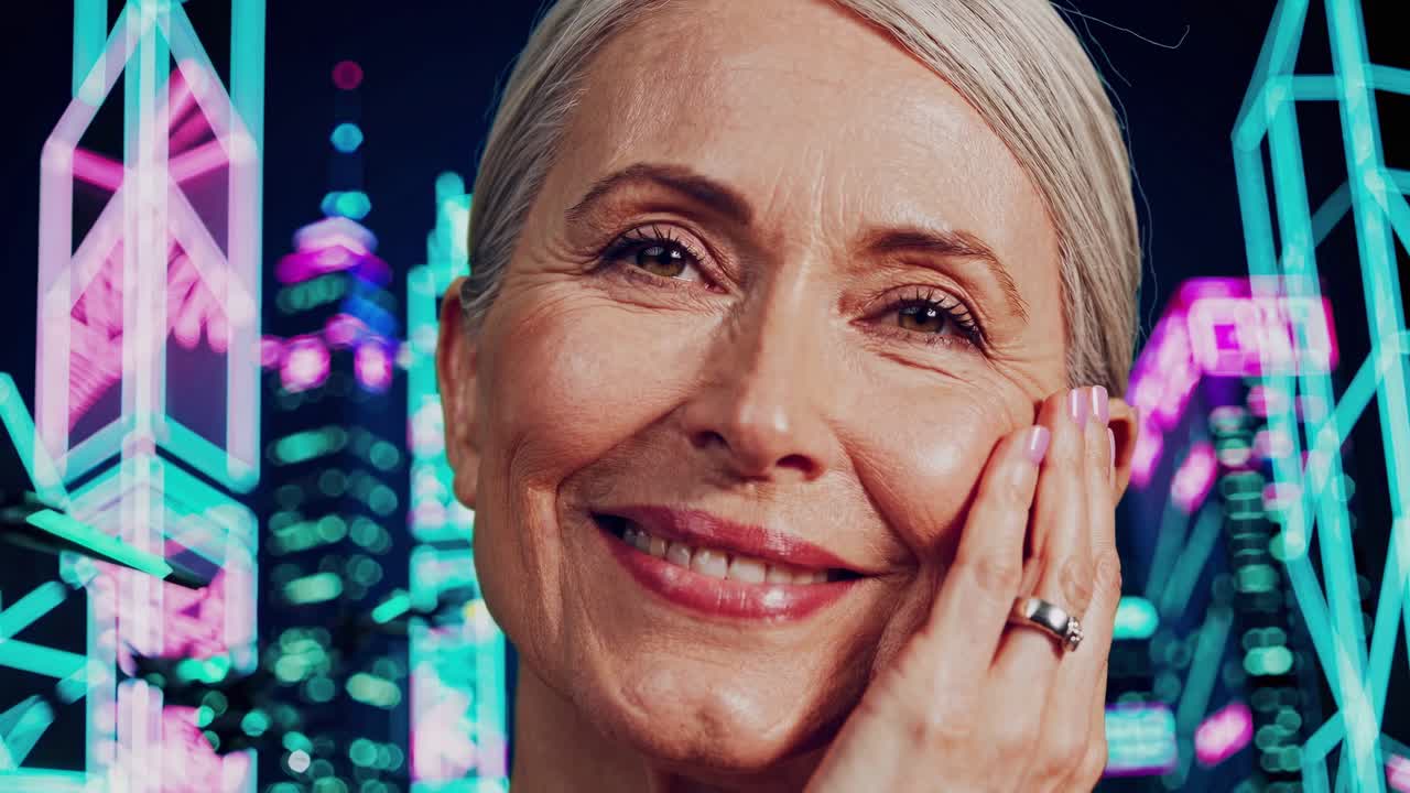 Donna anziana felice in un ritratto con paesaggio urbano