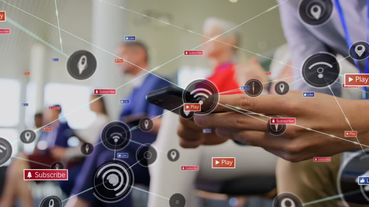 스마트폰을 사용하는 백인 남성에 대한 연결 네트워크와 소셜 미디어 아이콘의 애니메이션