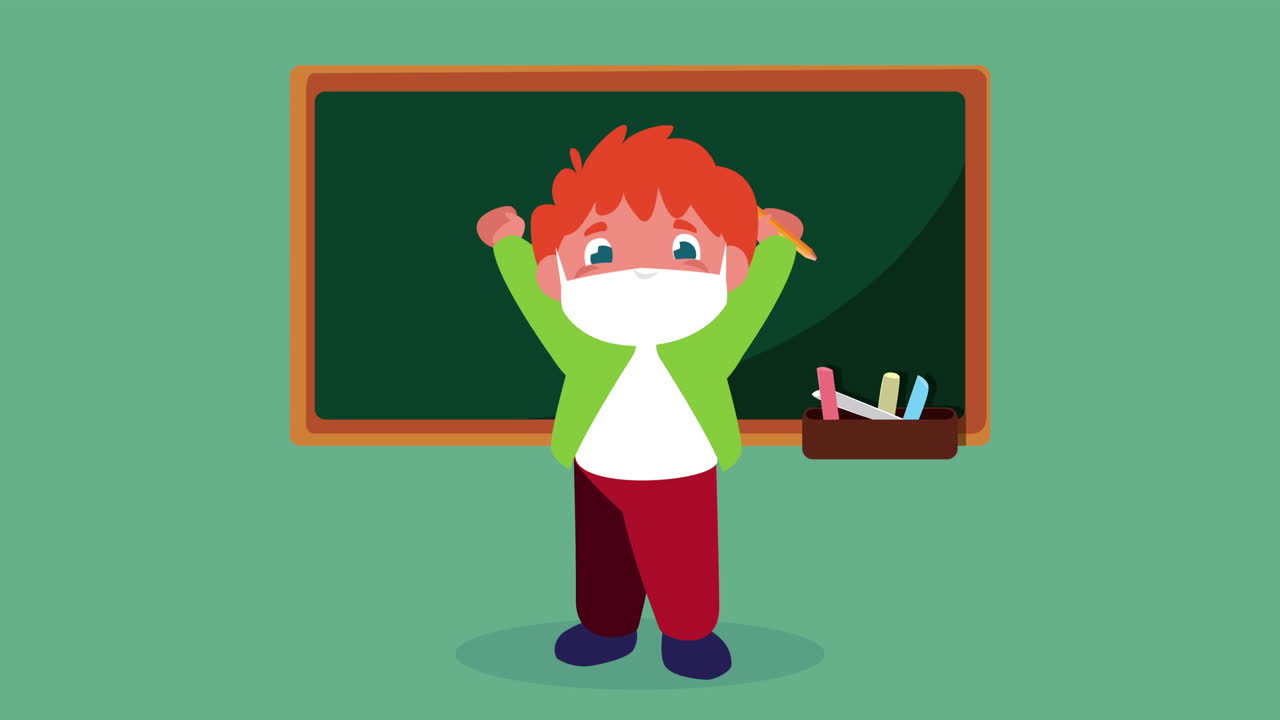 little student boy wearing medical mask with chalkboard