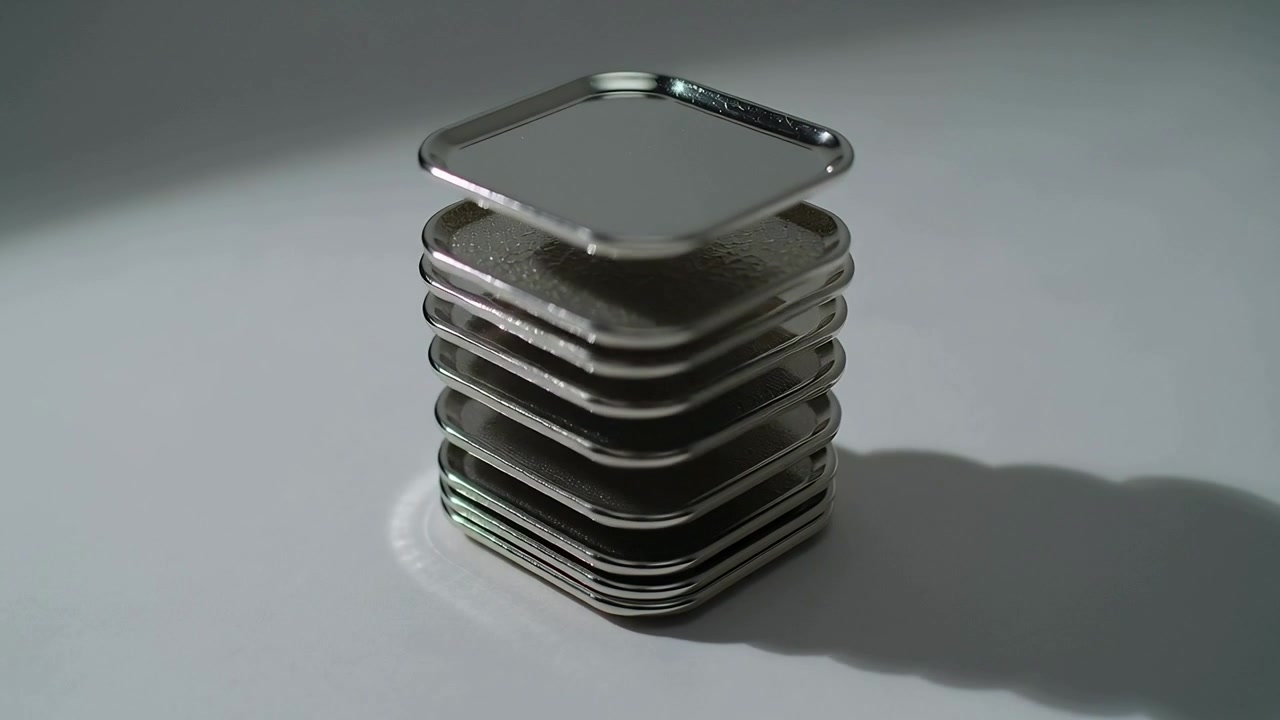 Third plate appearing above two plates, rounded metal plates stacking on table forming tall column