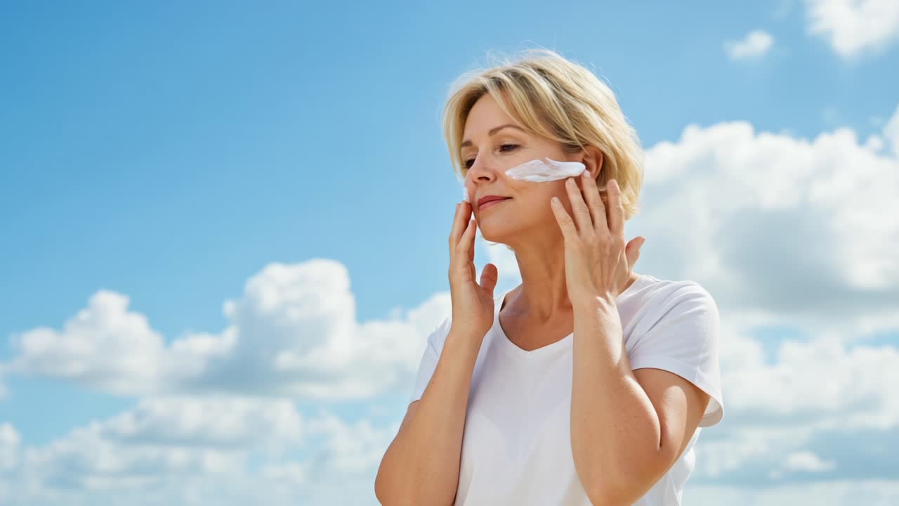A woman applies skincare cream to her face under a sunny sky, enjoying the warmth and embracing her beauty routine amidst fluffy clouds and refreshing weather