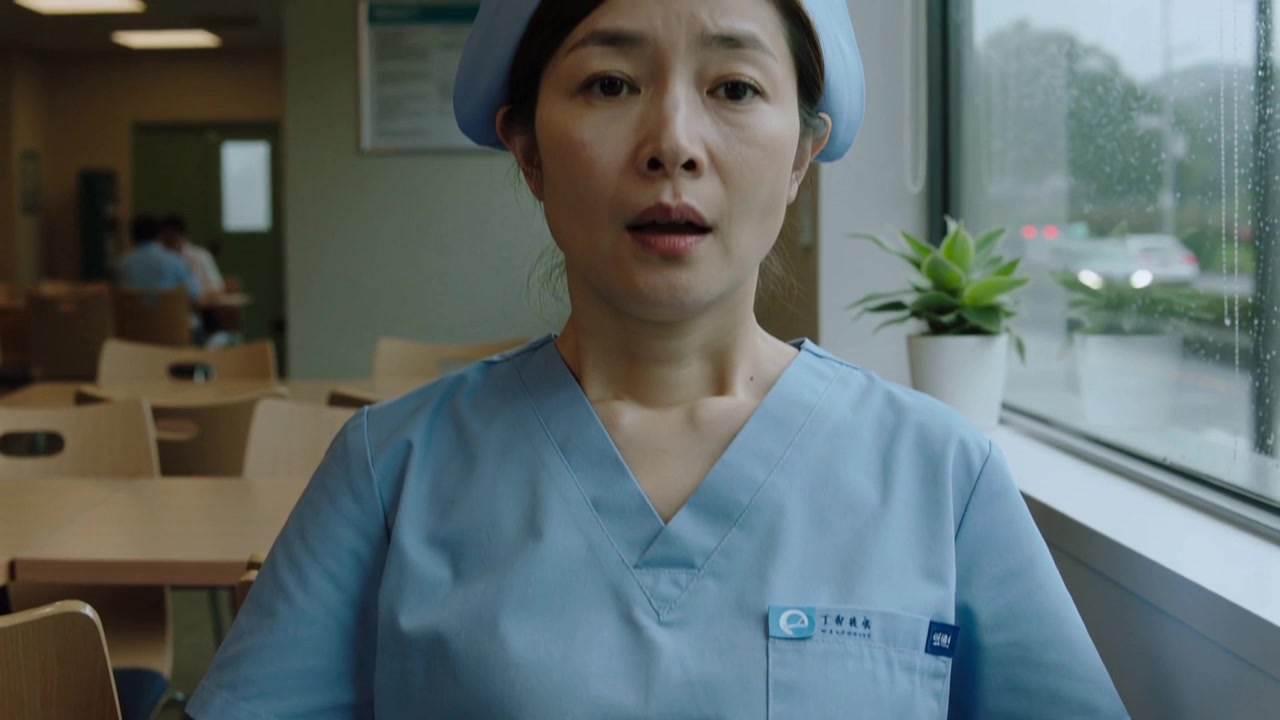 비 오는 창가에서 연한 파란색 스크럽과 모자를 쓴 간호사가 휴대폰을 들고 메시지를 읽으며 반응한다.