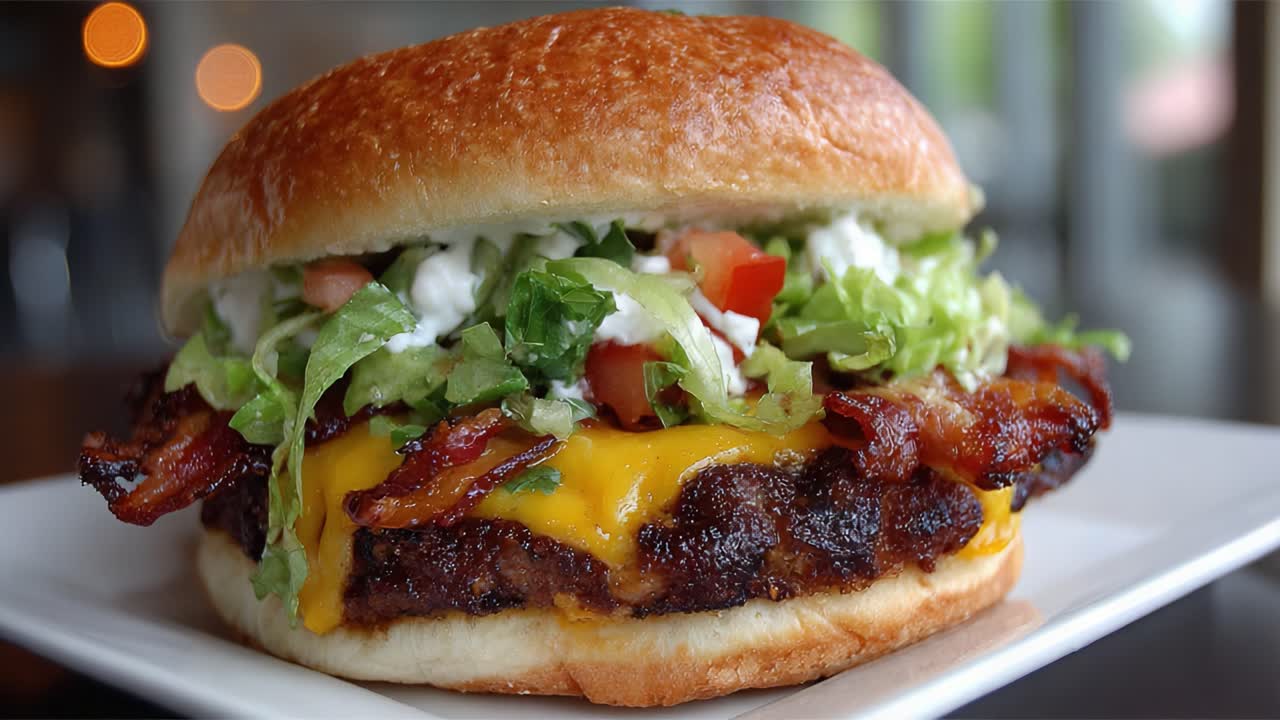 Delizioso cheeseburger ricco di ingredienti freschi, bacon croccante e formaggio fuso in un panino morbido, perfettamente succoso e saporito per la massima delizia.