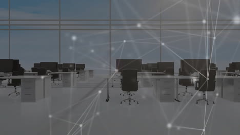 Network-connections-animation-over-empty-office-with-desks-and-chairs