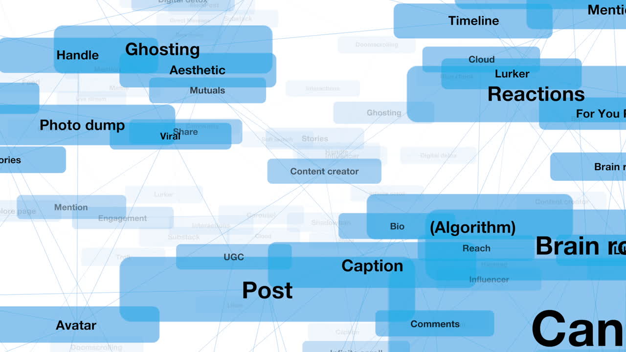 Social Media 3D semantic field on lexical Glossary label motion display