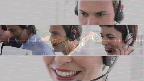 Animation-of-statistics-and-data-processing-over-business-people-wearing-phone-headsets