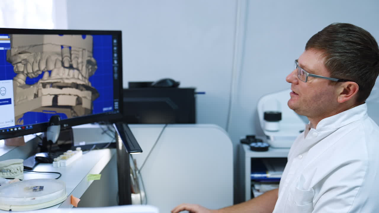 Man in glasses and white robe sits in front of computer equipment. Medic checks the 3d x-ray scan of patient's denture in different positions.