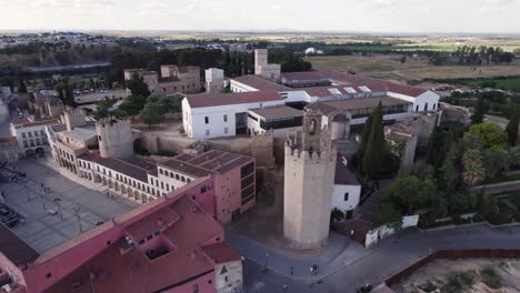 Panoramic-view-of-Alcazaba-of-Badajoz-with-bell-tower-and-famous-square,-Spain