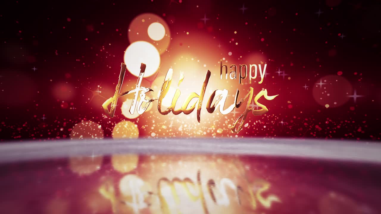 felices vacaciones letras doradas con fuegos artificiales chispas y partículas de fondo. 4k 3d renderización abstracta hermoso fondo de bucle sin costuras con bokeh dorado luces desenfocadas diseño de animación.