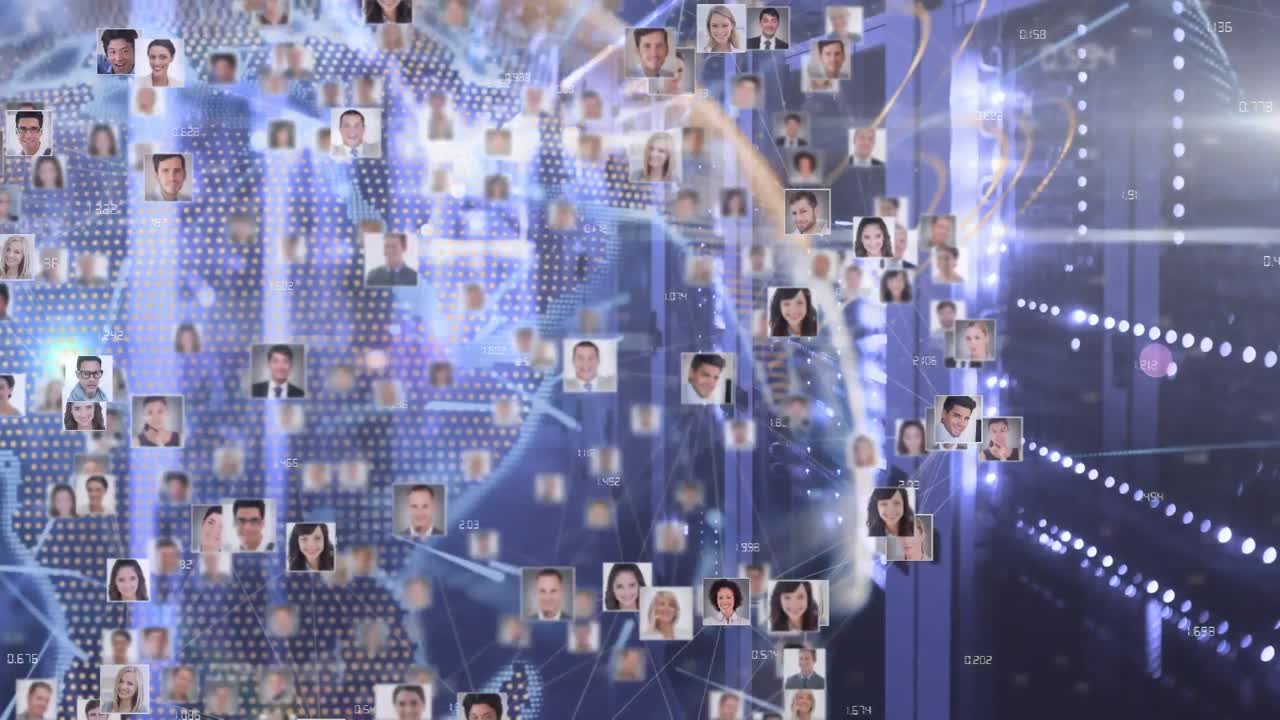 анимация глобуса и значков людей над серверной комнатой