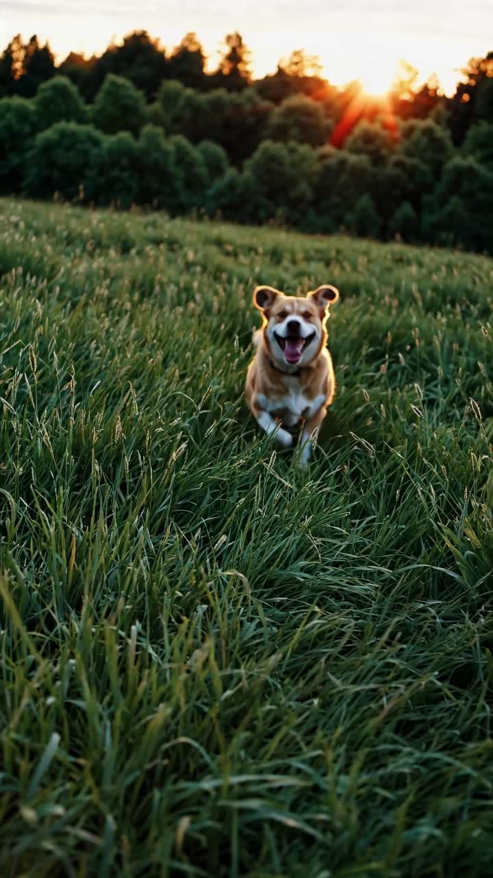 A joyful dog runs through a sunlit field at sunset, captured from a low-angle, evoking a sense