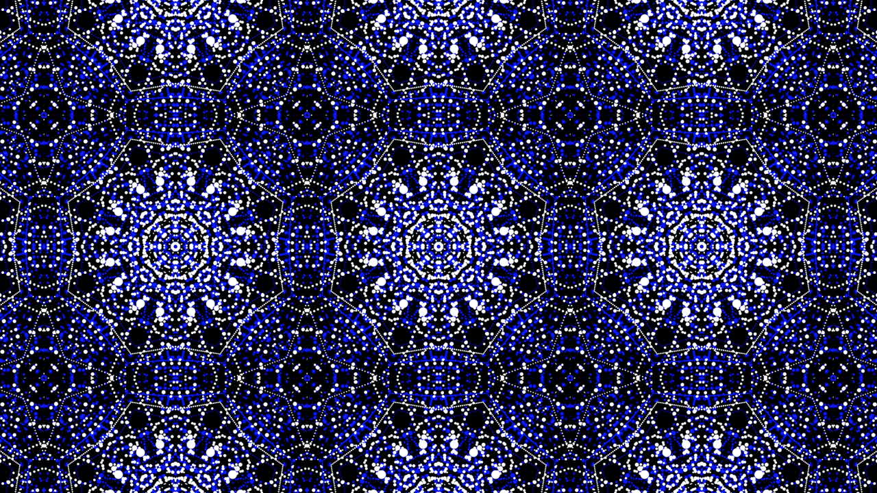 Looped animation of blue and white dots. Kaleidoscopic floral pattern with repeating elements.