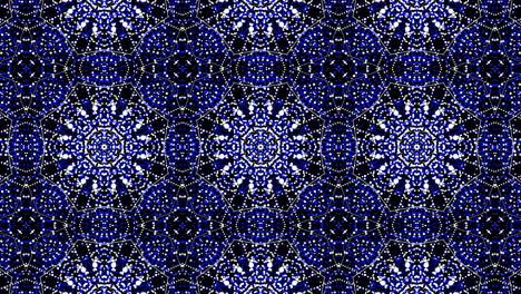 Looped animation of blue and white dots. Kaleidoscopic floral pattern with repeating elements.