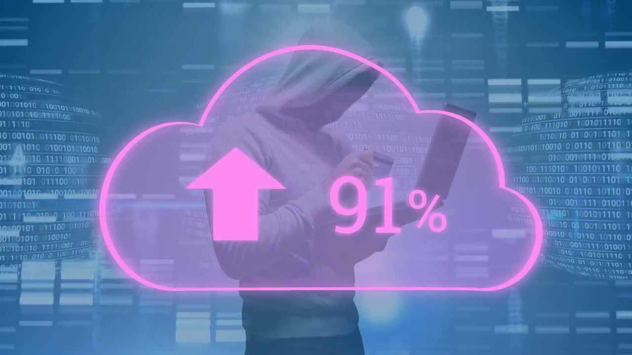 animación de la nube con porcentaje y hacker en fondo azul