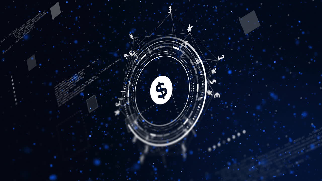 Animation of american dollar currency data processing over scope on black background