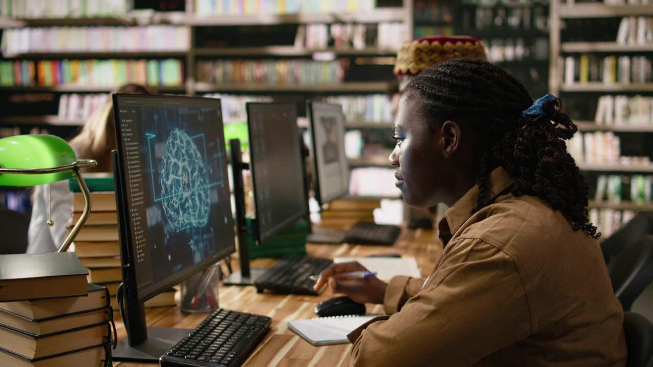 Black student working with AI brain display on desktop computer in library