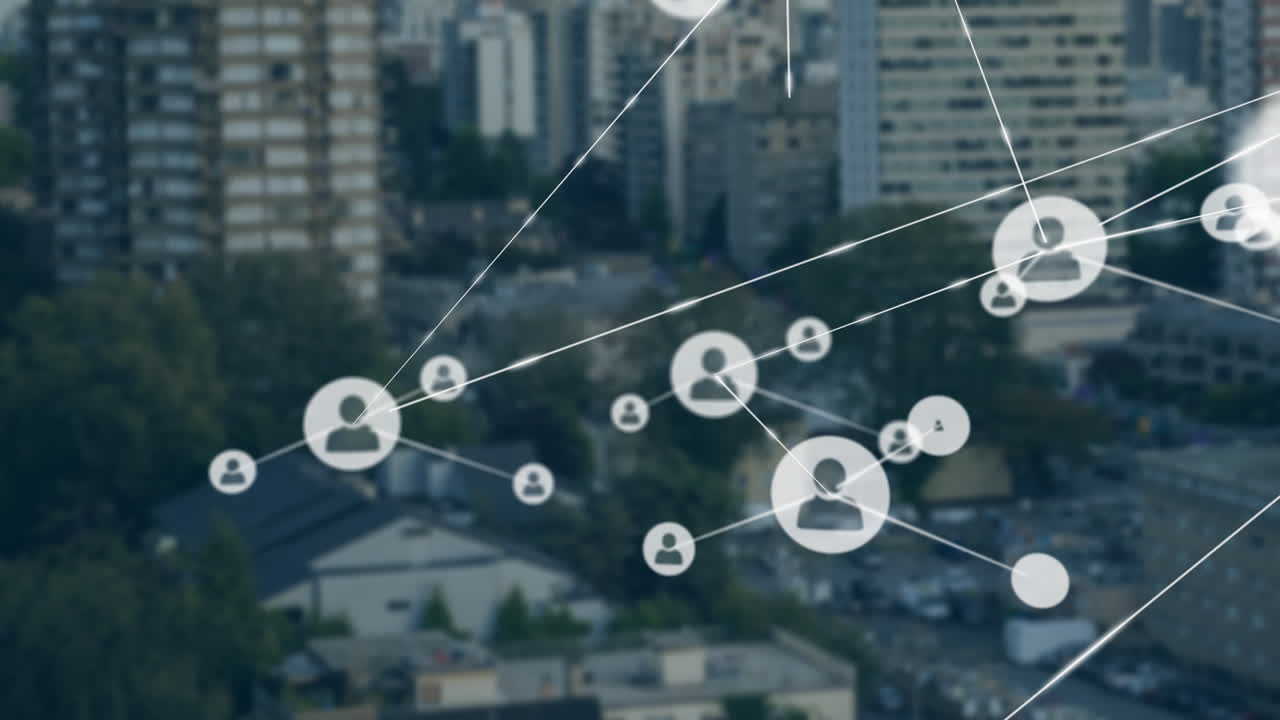 red de conexiones y animación de procesamiento de datos sobre el paisaje urbano