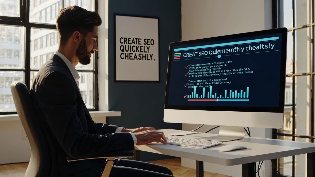 En mann i et moderne kontor jobber med SEO-analyse på en datamaskin. Sidevinkel fanger inn videoskjermen