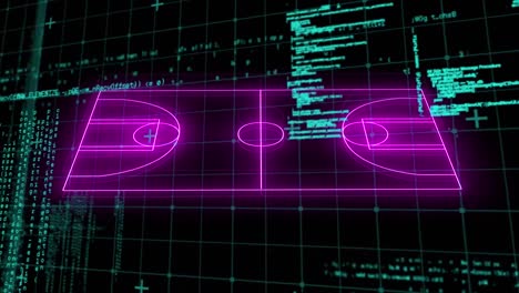 animación del procesamiento de datos sobre planos de campo deportivo de neón sobre fondo negro