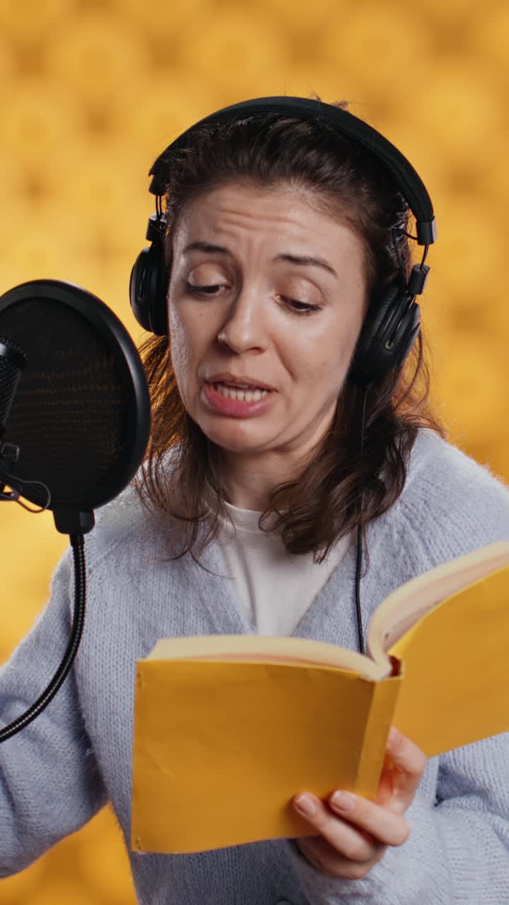 Donna che registra un audiolibro al microfono mentre beve un caffè