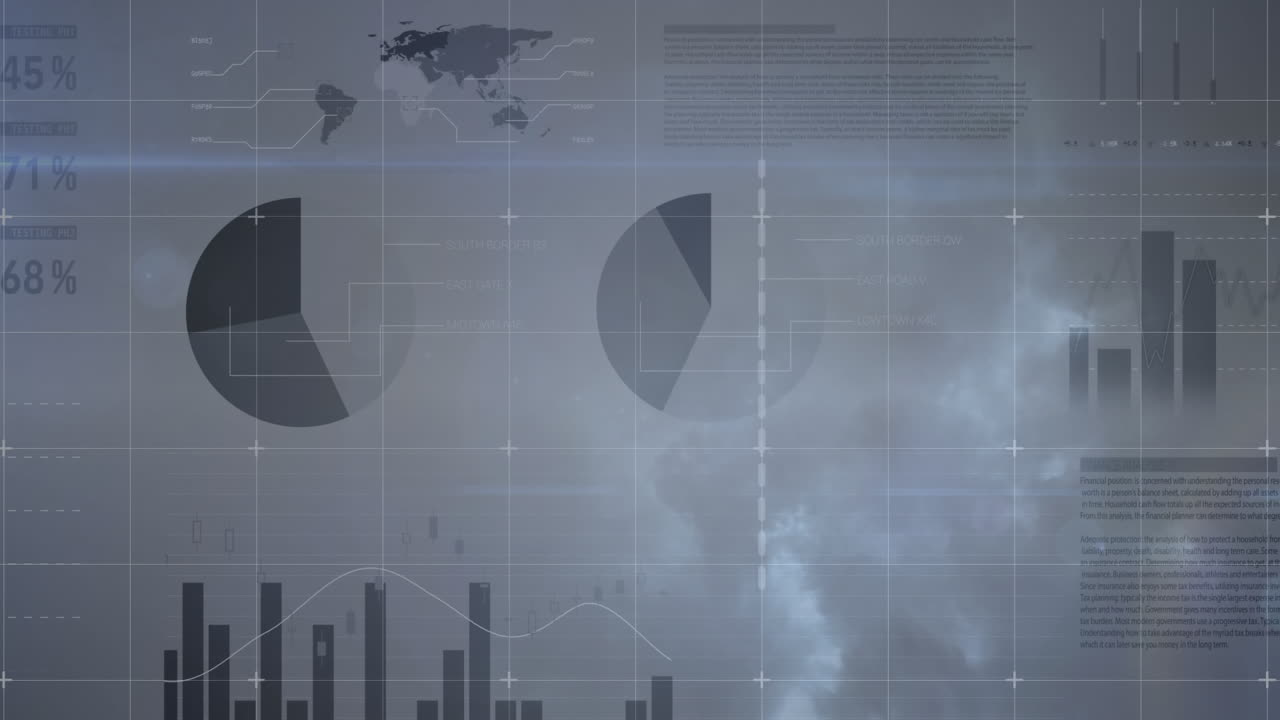 Composite video of statistical data processing against thunders in the sky