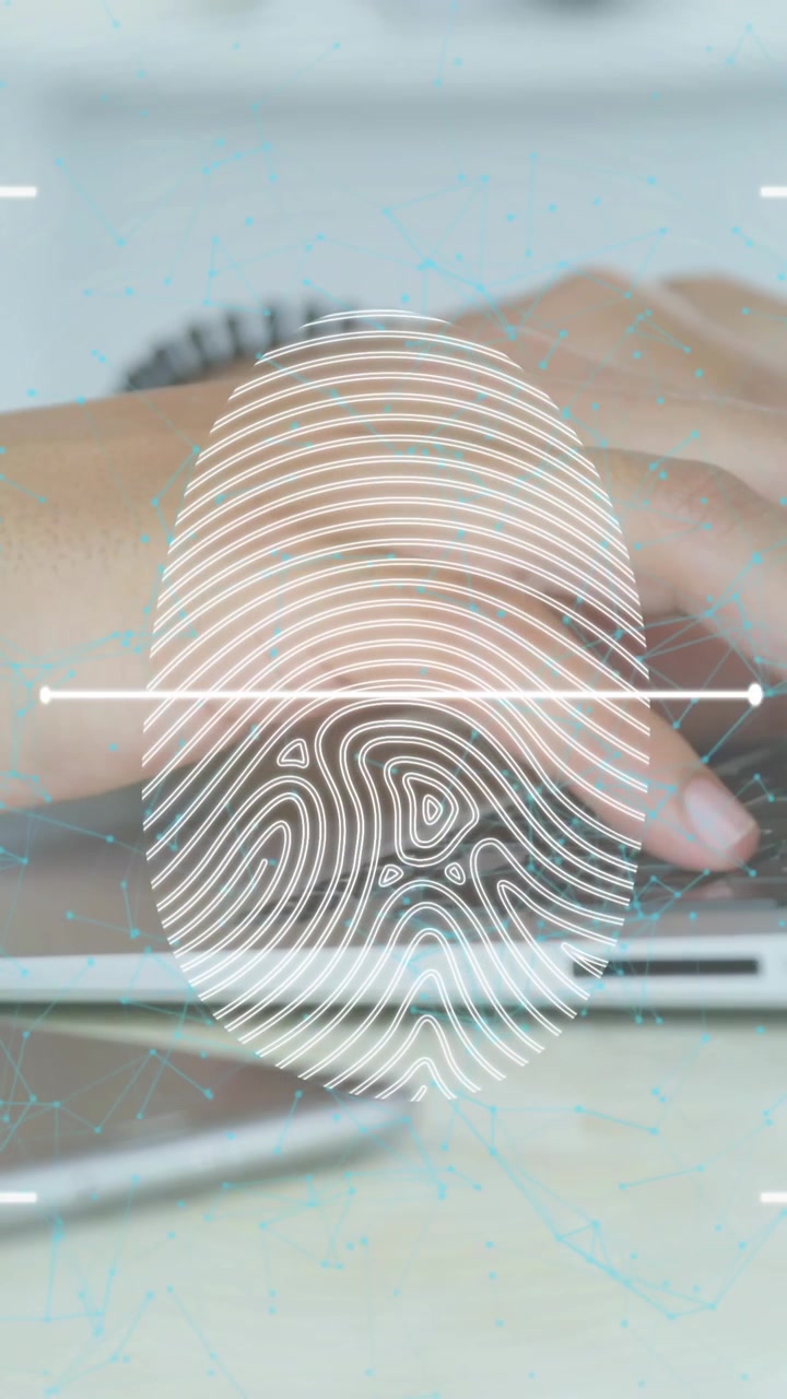 Animation of fingerprint and network of connections over hands using laptop