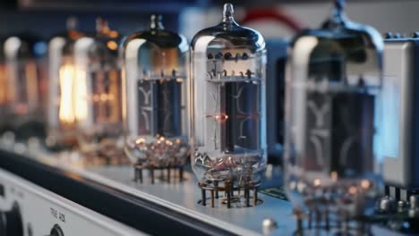 experience the warm glow of vintage vacuum tubes on a retro audio amplifier as music fills the room with nostalgia and rich sound quality, creating an inviting atmosphere for audio enthusiasts.