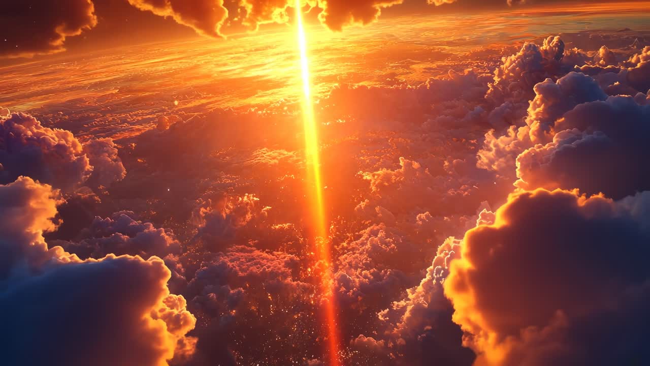 A breathtaking aerial video captures a vibrant sunset piercing through clouds, casting warm hues