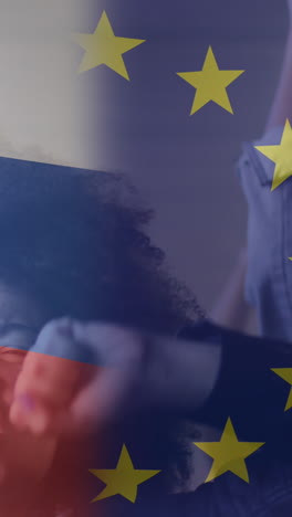 animation of flag of russia and european union over african american female and male protesters